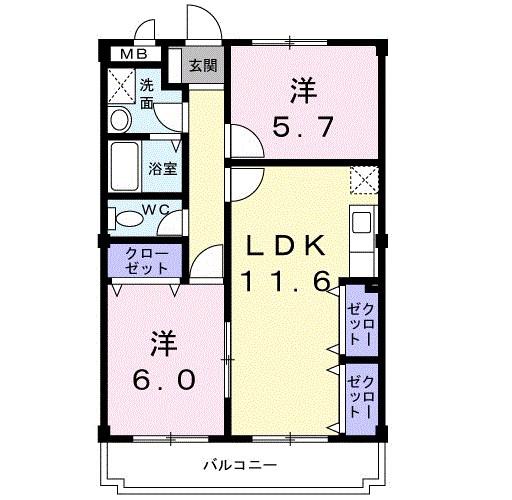 シャングリラ滝谷(2LDK/2階)の間取り写真