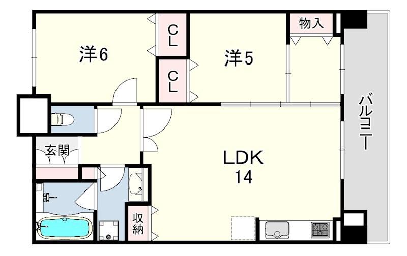 プレジール三ノ宮2(2LDK/12階)の間取り写真