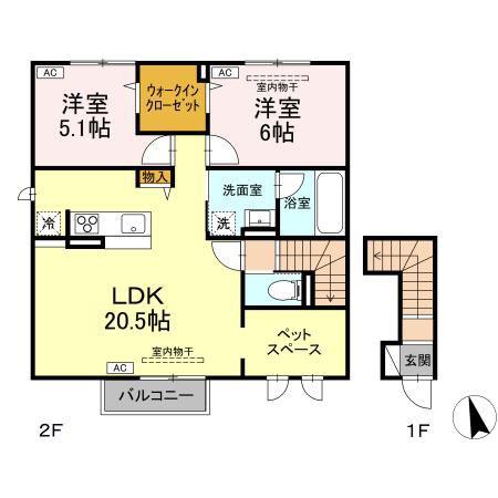 TORISIA大沢川原(2LDK/2階)の間取り写真