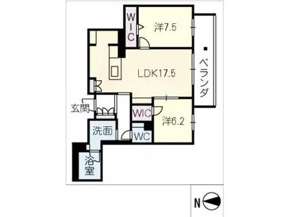 カーサ グリシーナ 北原(2LDK/2階)の間取り写真