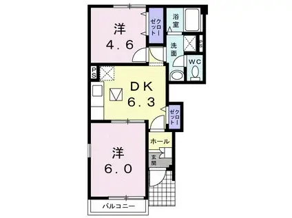 カーサ・モデルノ(2DK/1階)の間取り写真