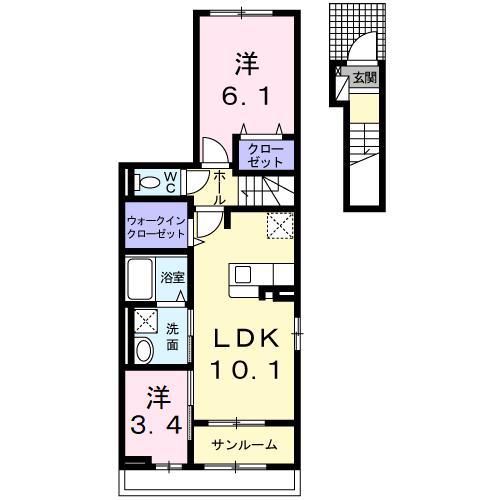 ビ・オーラ若草(2LDK/2階)の間取り写真