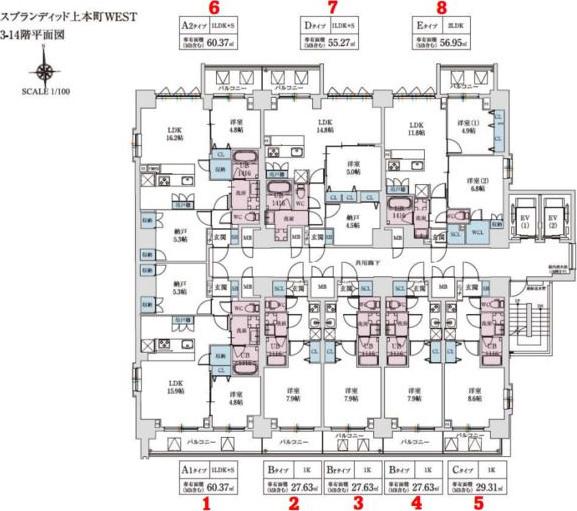 スプランディッド上本町ウエスト(1K/11階)の間取り写真