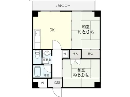 ウエストサイド瓢箪山(2DK/3階)の間取り写真
