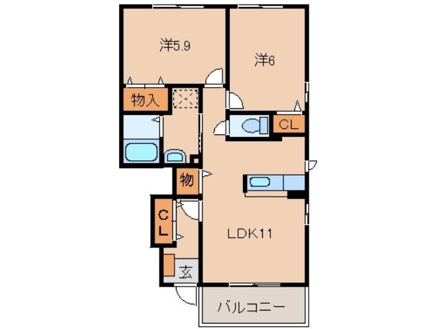 エルシャトー吉備V(2LDK/1階)の間取り写真