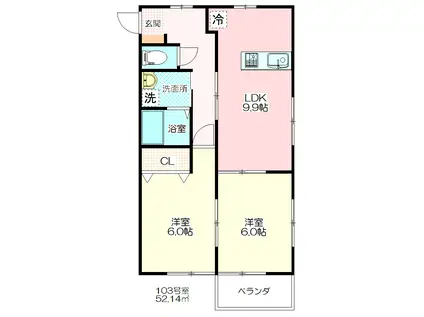ビオラII(2LDK/1階)の間取り写真