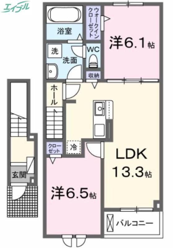 エスポワール昴B(2LDK/2階)の間取り写真