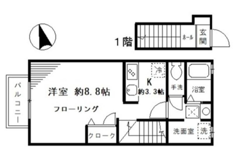 ボヌール旗の台(1K/2階)の間取り写真