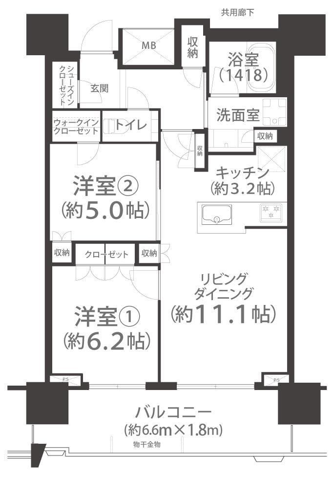 プラウドタワー岡山(2LDK/17階)の間取り写真