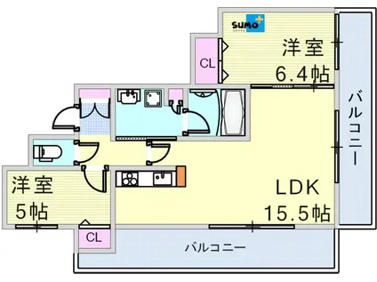 グルーブ朝霧グランアリーナ(2LDK/5階)の間取り写真