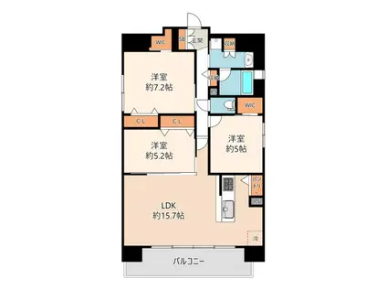 レジュールアッシュ谷町四丁目グランクラス(3LDK/15階)の間取り写真