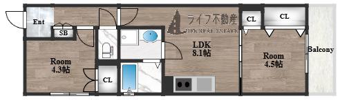 クリエオーレ瓜生堂(2LDK/3階)の間取り写真