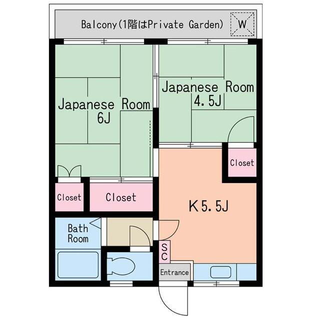 ホープハイツC棟(2DK/1階)の間取り写真