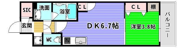 DIMORA靭公園(1DK/6階)の間取り写真