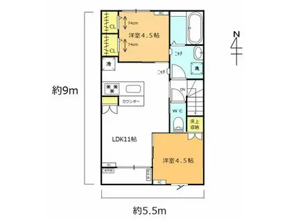 風とみどりのカシェット響(2LDK/2階)の間取り写真