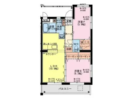 K・キクロスT&II(2LDK/4階)の間取り写真