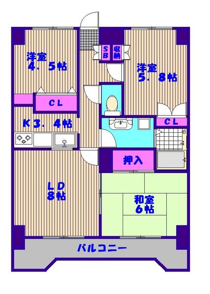 関寅ビル2(3LDK/8階)の間取り写真