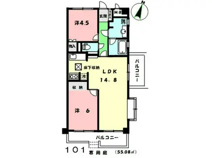 ライオンズマンション調布台(2LDK/1階)の間取り写真