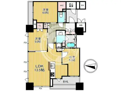 THE CROSS CITY TOWER(3LDK/13階)の間取り写真