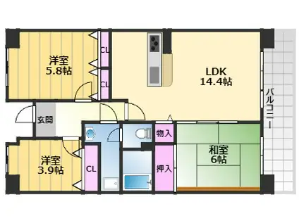 津田北町2棟(3LDK/4階)の間取り写真