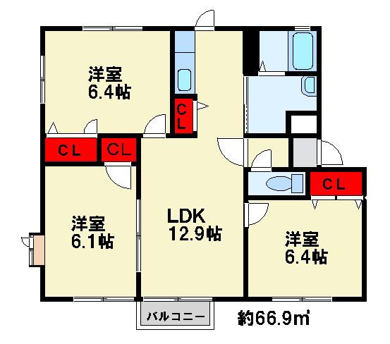 グローブ・たかの C棟(3LDK/1階)の間取り写真