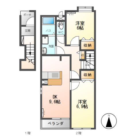 グローリーII A棟(2DK/2階)の間取り写真