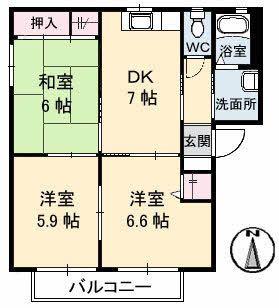 サテライトN 1棟(3DK/1階)の間取り写真