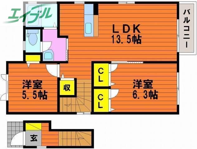 吉田荘南(2LDK/2階)の間取り写真