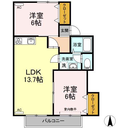 セジュール園木 B棟(2LDK/2階)の間取り写真