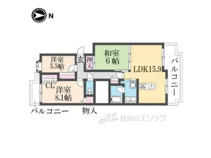 ヴェルナール学園前D棟(3LDK/2階)の間取り写真