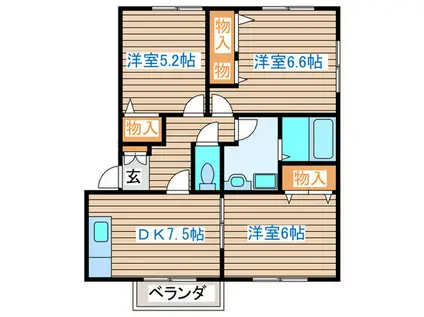 リバーサイドシャトーC(3DK/1階)の間取り写真