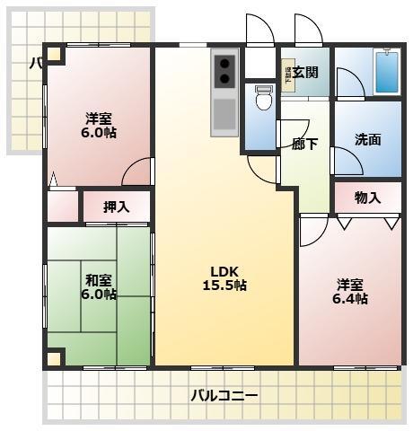 ライオンズマンション国府(3LDK/3階)の間取り写真