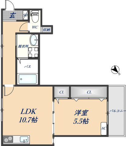 クリエオーレ新鴻池(1LDK/1階)の間取り写真
