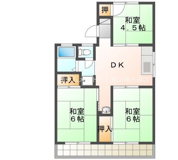 ハイツ河原D棟(3DK/1階)の間取り写真