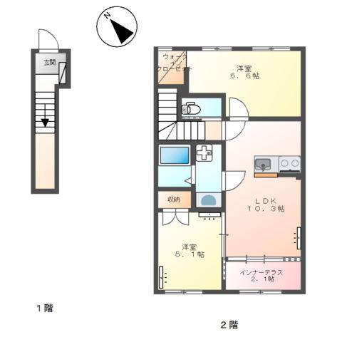 熊谷市新堀スターテラスII(2LDK/2階)の間取り写真