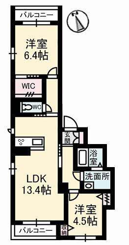 グランブーケA棟(2LDK/2階)の間取り写真
