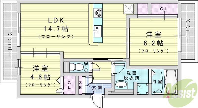 TORISIA千里丘Ⅰ(2LDK/2階)の間取り写真