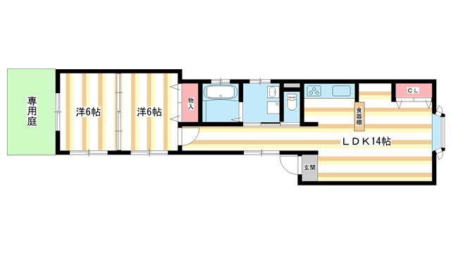 神殿マンション3号棟(2LDK/1階)の間取り写真