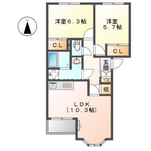カーザ 浅野(2LDK/2階)の間取り写真