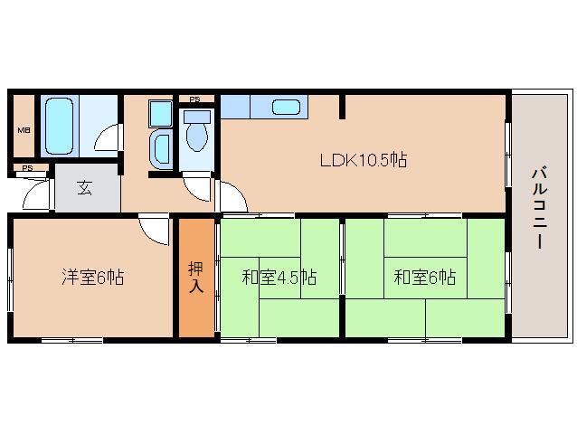 帝塚山ガーデンハイツ4号棟(3LDK/4階)の間取り写真