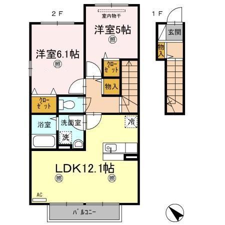 エスポワールB棟(2LDK/2階)の間取り写真