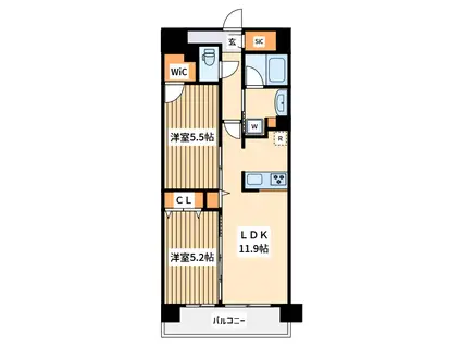 ハビテ本厚木(2LDK/11階)の間取り写真