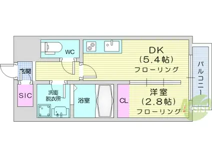 デュオフラッツ仙台木町通リネア(1DK/13階)の間取り写真