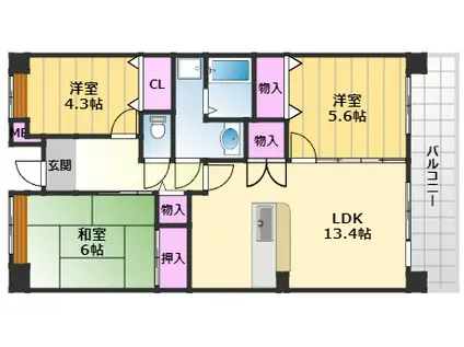 津田北町2棟(3LDK/4階)の間取り写真