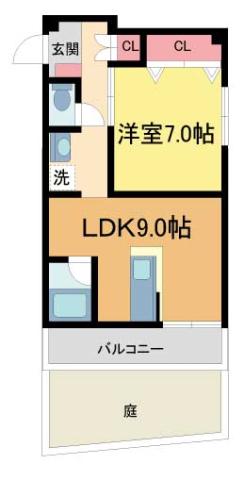 グランドハイツ浜甲子園(1LDK/1階)の間取り写真