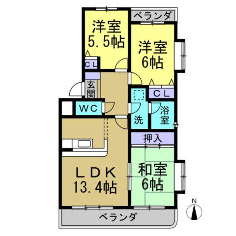 シャンブルクレール(3LDK/2階)の間取り写真