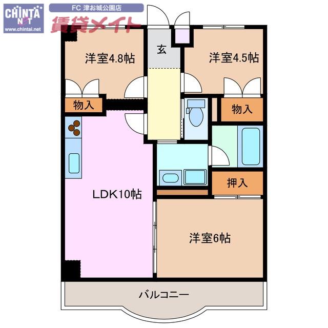 シャトーカワイ(3LDK/4階)の間取り写真