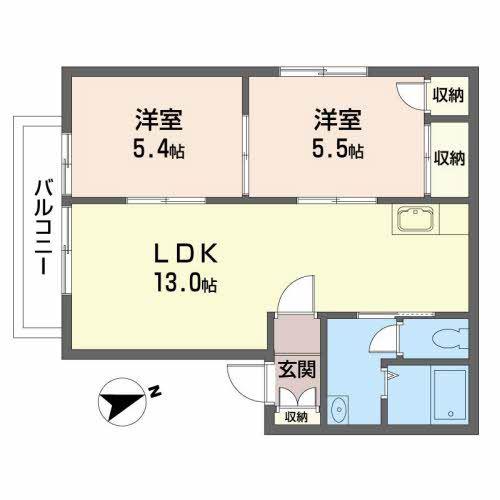 ヴァン・ヴェール(2LDK/2階)の間取り写真
