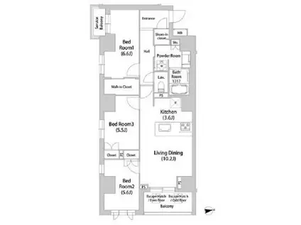 広尾ヴィラスクエア(3LDK/3階)の間取り写真