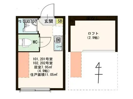 ハーモニーテラス東蒲田(ワンルーム/2階)の間取り写真